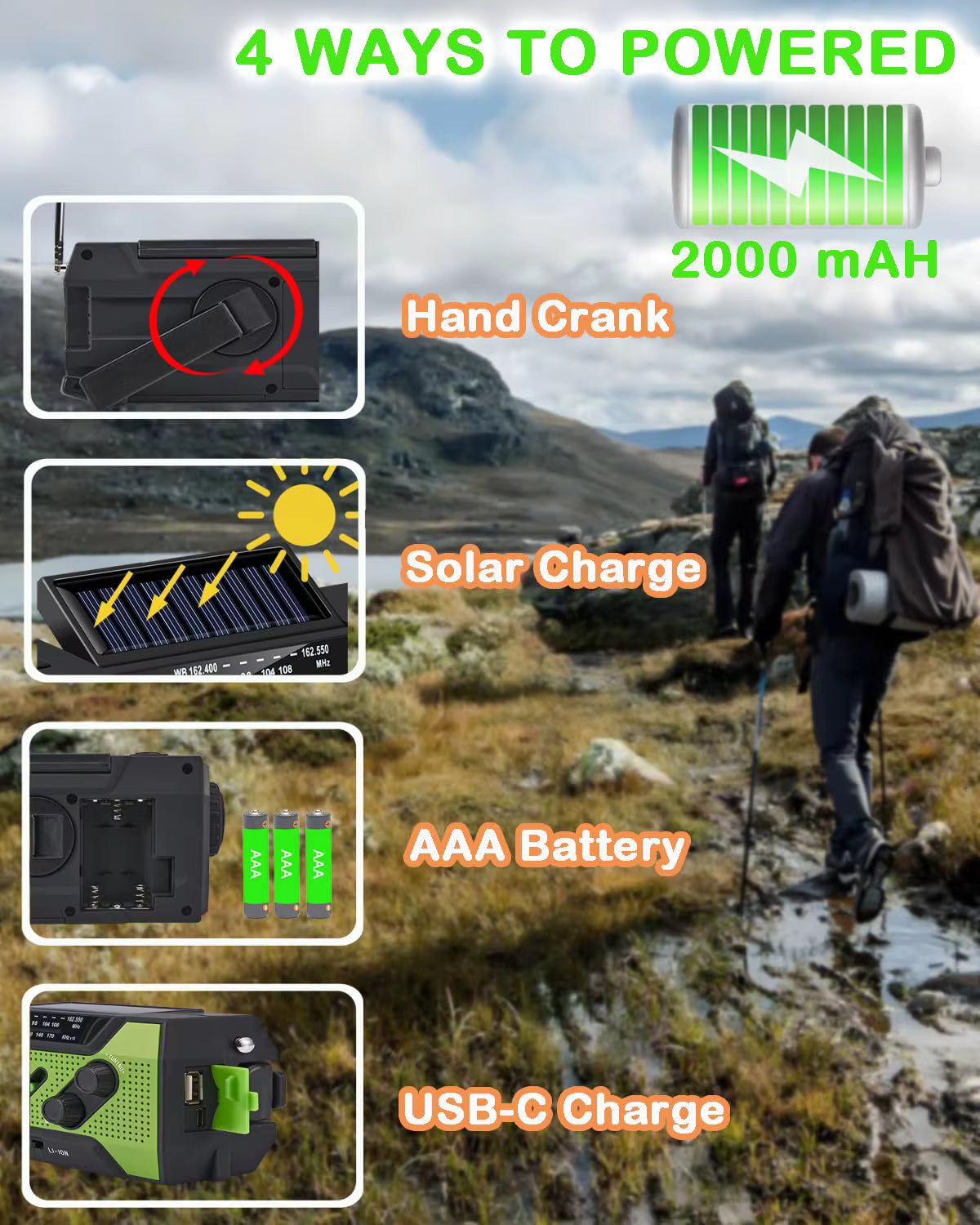 Portable 2000mAh Emergency Weather Radio with NOAA/AM/FM, Solar Hand Crank Charging, SOS Alarm, Flashlight, Pop-Up Reading Light, and 4-Way Power