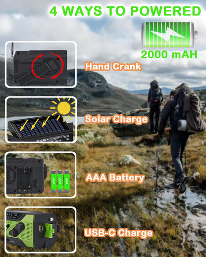 Portable 2000mAh Emergency Weather Radio with NOAA/AM/FM, Solar Hand Crank Charging, SOS Alarm, Flashlight, Pop-Up Reading Light, and 4-Way Power