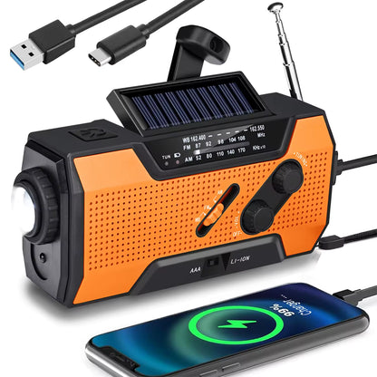 Portable 2000mAh Emergency Weather Radio with NOAA/AM/FM, Solar Hand Crank Charging, SOS Alarm, Flashlight, Pop-Up Reading Light, and 4-Way Power