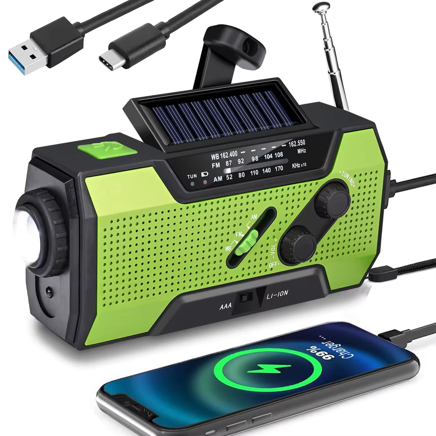 Portable 2000mAh Emergency Weather Radio with NOAA/AM/FM, Solar Hand Crank Charging, SOS Alarm, Flashlight, Pop-Up Reading Light, and 4-Way Power