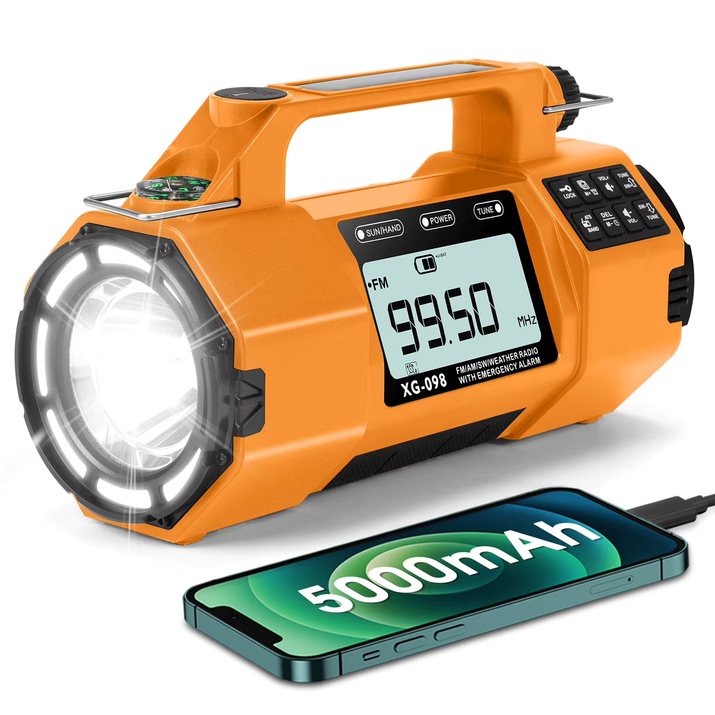 5000mAh IPX6 Digital Emergency Weather Radio with NOAA/AM/FM/SW/LW/MW, Solar, Hand Crank, AAA Battery Backup, Large LED Display, Alarm Clock, Spotlight Flashlight, 110dB Panic Alarm, and Phone Charging