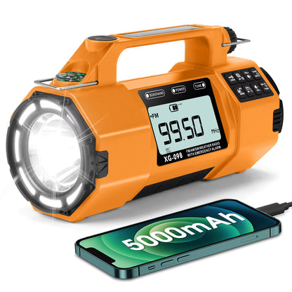 5000mAh IPX6 Digital Emergency Weather Radio with NOAA/AM/FM/SW/LW/MW, Solar, Hand Crank, AAA Battery Backup, Large LED Display, Alarm Clock, Spotlight Flashlight, 110dB Panic Alarm, and Phone Charging