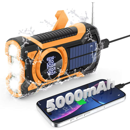 5000mAh IPX5 Emergency Solar Hand Crank Radio with Large Digital LED Display, Bluetooth Speaker, AM/FM/NOAA, USB Phone Charger, SOS Alarm, Reading Light, and Military-Grade Ruggedized Drop-Proof Housing
