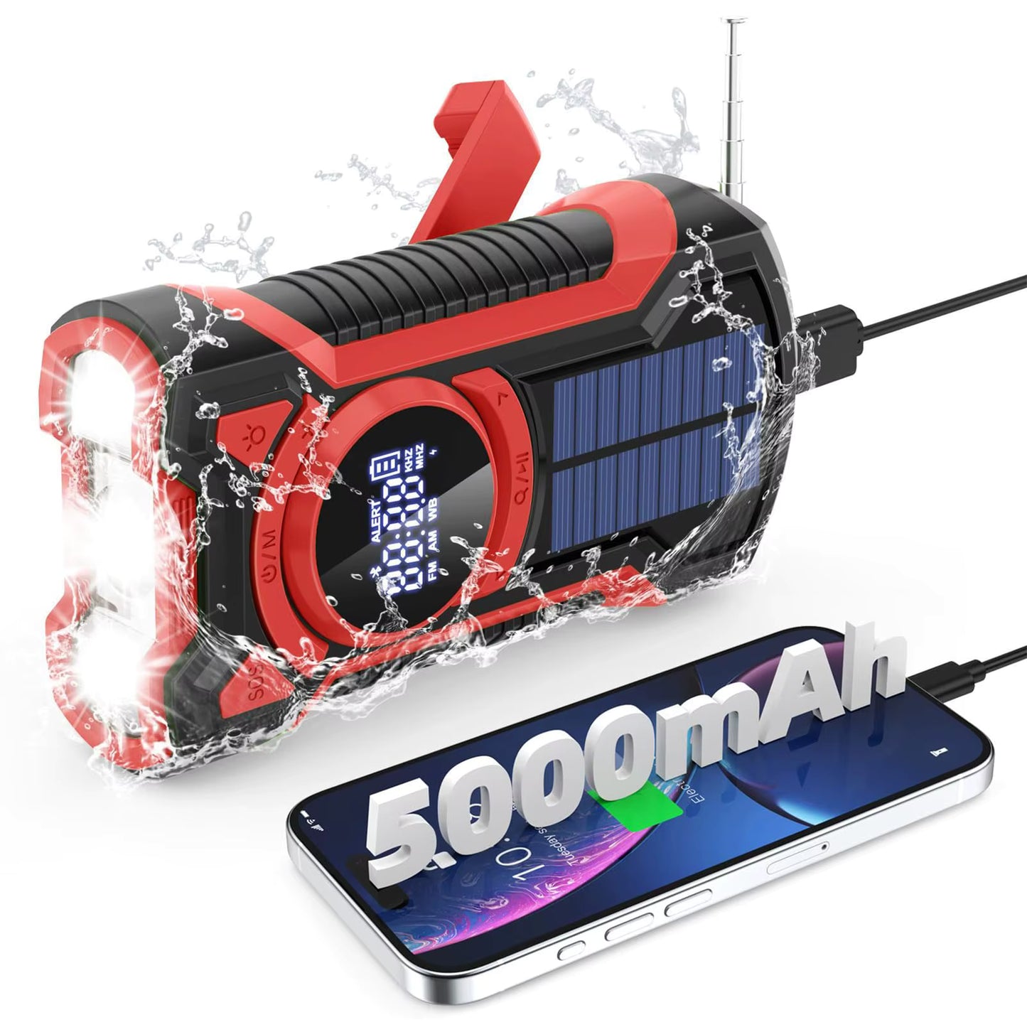 5000mAh IPX5 Emergency Solar Hand Crank Radio with Large Digital LED Display, Bluetooth Speaker, AM/FM/NOAA, USB Phone Charger, SOS Alarm, Reading Light, and Military-Grade Ruggedized Drop-Proof Housing