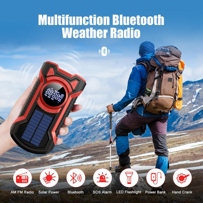 5000mAh IPX5 Emergency Solar Hand Crank Radio with Large Digital LED Display, Bluetooth Speaker, AM/FM/NOAA, USB Phone Charger, SOS Alarm, Reading Light, and Military-Grade Ruggedized Drop-Proof Housing