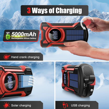 5000mAh IPX5 Emergency Solar Hand Crank Radio with Large Digital LED Display, Bluetooth Speaker, AM/FM/NOAA, USB Phone Charger, SOS Alarm, Reading Light, and Military-Grade Ruggedized Drop-Proof Housing