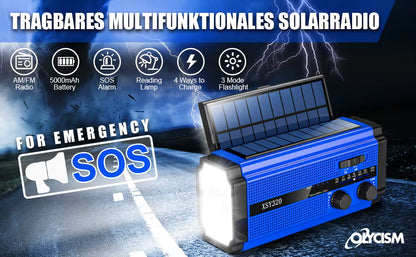 Dual Solar Panel Emergency Weather Radio with 5000mAh Power Bank, NOAA, AM/FM, Flashlight, Reading Light, SOS Alarm, and Hand Crank Charging