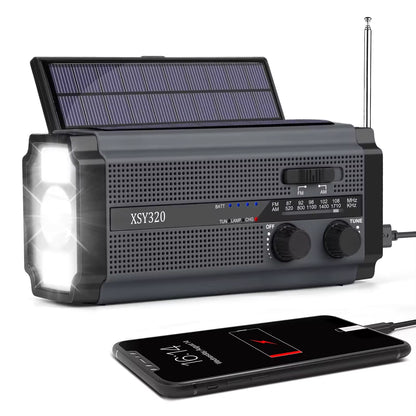 Dual Solar Panel Emergency Weather Radio with 5000mAh Power Bank, NOAA, AM/FM, Flashlight, Reading Light, SOS Alarm, and Hand Crank Charging